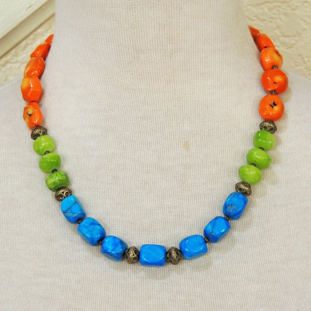 Tropical Orange Coral, Lime Green Agate & Teal Blue Jasper Statement Necklace